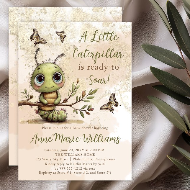 Invitación Dulce Fiesta de Bebé de Oruga Caprichosa (Whimsical watercolor caterpillar baby shower invitation with soft sage and gold accents)