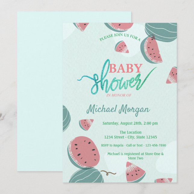 Invitación Dulce Fiesta de Bebé de Sandía Adorable (Anverso / Reverso)