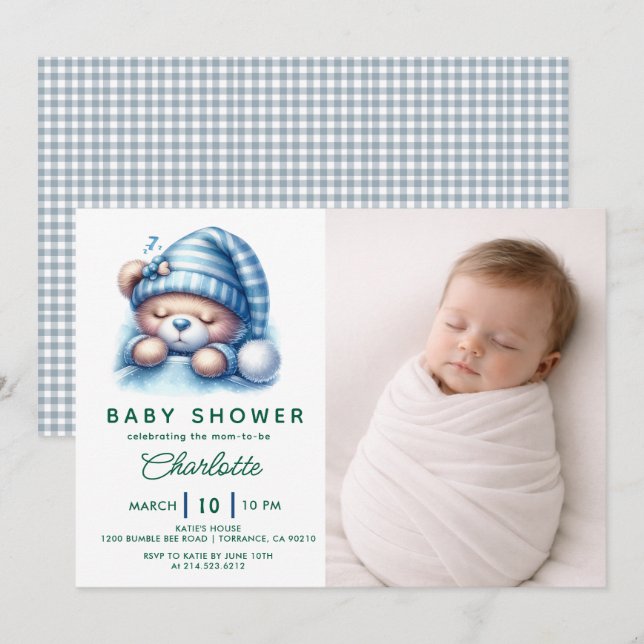 Invitación Dulce Fiesta de Bebé del Oso de Peluche (Anverso / Reverso)