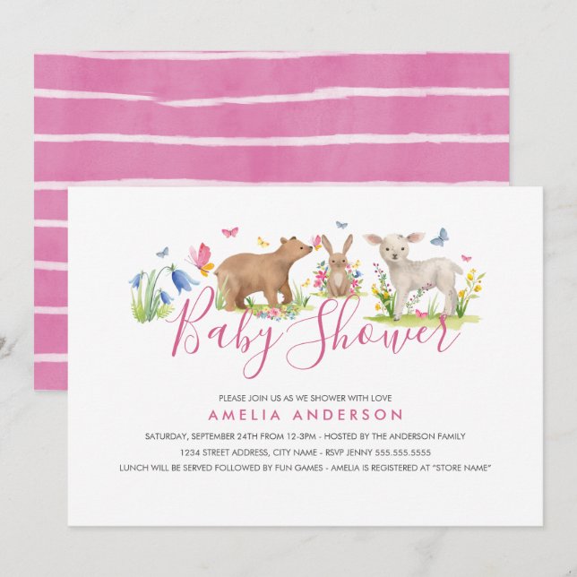 Invitación Dulce Fiesta de Bebé en el Bosque Animal (Anverso / Reverso)
