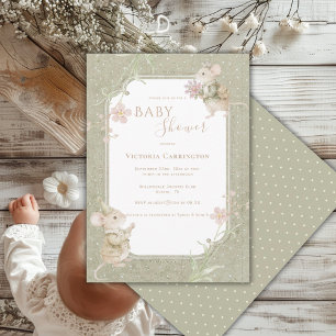 Invitación Dulce Fiesta de Bebé Floral Vintage Verde Sage Rat