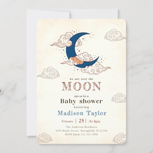 Invitación Dulce Fiesta de Bebé Luna Estrellas Nubes (Anverso)
