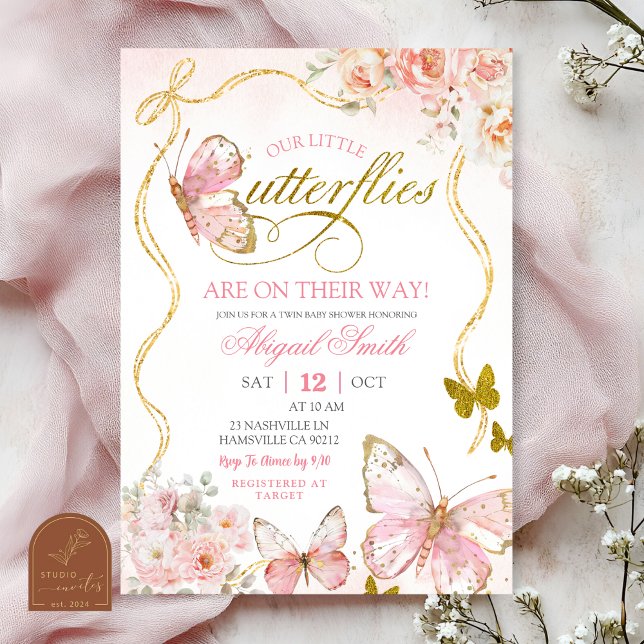 Invitación Dulce Fiesta de Bebé Mariposas Gemelas Rosa Coquet (Subido por el creador)
