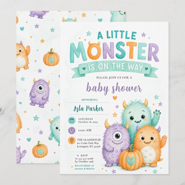 Invitación Dulce Fiesta de Bebé Monstruo Pequeño Halloween (Anverso / Reverso)