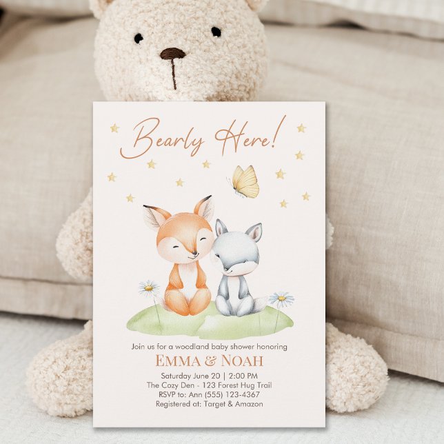 Invitación Dulce Fiesta de Bebé Neutral con Zorro y Oso del B (Subido por el creador)