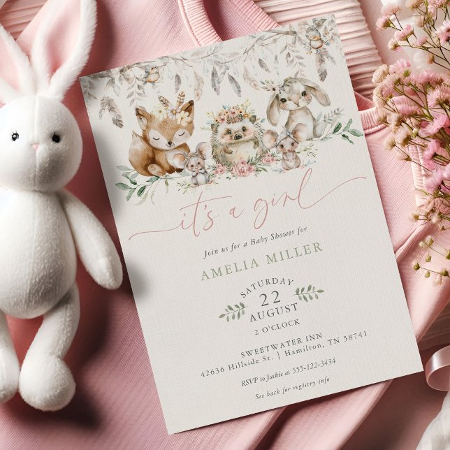 Invitación Dulce Fiesta de Bebé Niña Boho Bosque Animales del (Cute Boho Woodland Forest Animal Girl Baby Shower Invitation)
