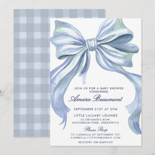 Invitación Dulce fiesta de bebé niña con lazo azul y gingham