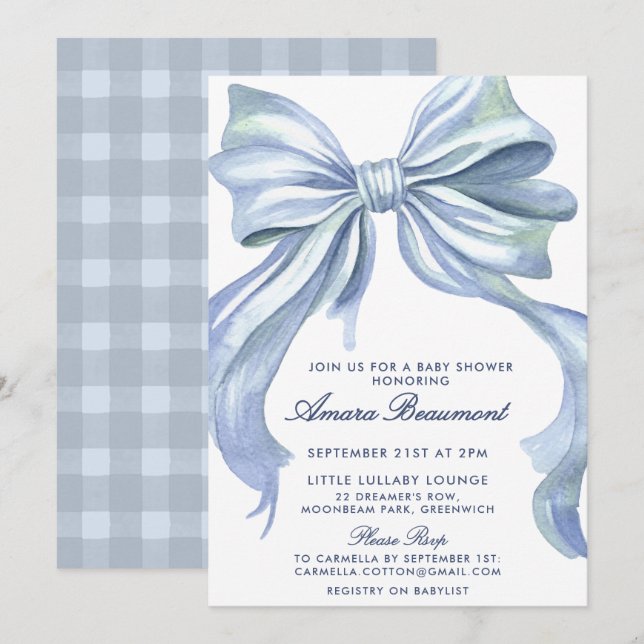 Invitación Dulce fiesta de bebé niña con lazo azul y gingham (Anverso / Reverso)
