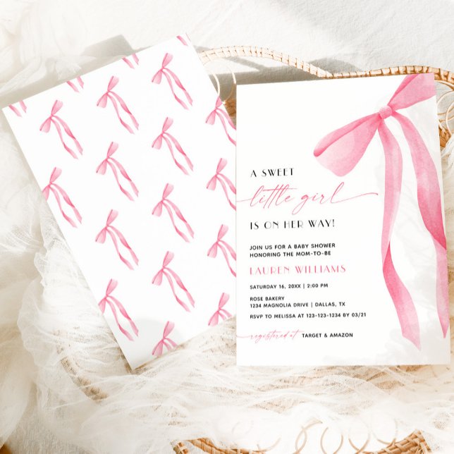 Invitación Dulce Fiesta de Bebé Niña con Lazo Coquette Rosa (Subido por el creador)