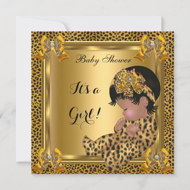 Invitación Dulce Fiesta de Bebé Niña Leopardo Dorado (Anverso)