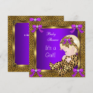 Invitación Dulce Fiesta de Bebé Niña Leopardo Púrpura Dorado 