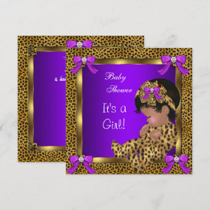 Invitación Dulce Fiesta de Bebé Niña Leopardo Púrpura Dorado 