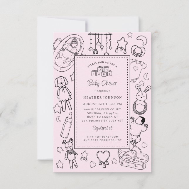 Invitación Dulce Fiesta de Bebé Niña Rosa Dibujada a Mano (Anverso)