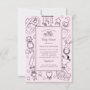 Invitación Dulce Fiesta de Bebé Niña Rosa Dibujada a Mano