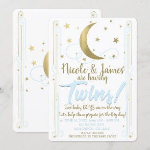Invitación Dulce Fiesta de Bebé Twins Estrellas Luna Oro Azul