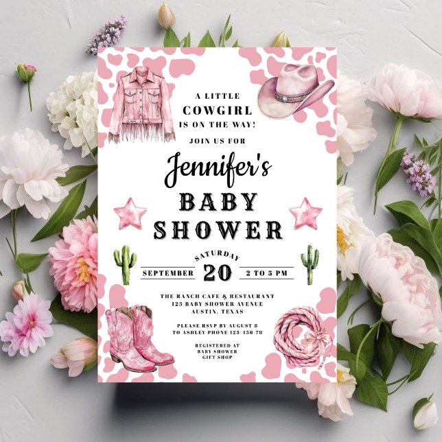 Invitación Dulce Fiesta de Bebé Vaquera Rosa (Cute Pink Cowgirl Baby Shower Invitation)