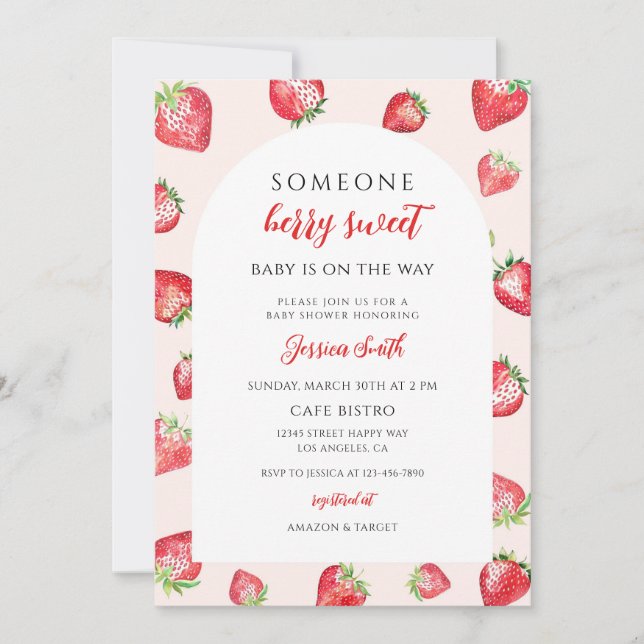 Invitación Dulce Fiesta de Bienvenida de Fresa para el Bebe (Anverso)