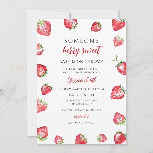 Invitación Dulce Fiesta de Bienvenida de Fresa para el Bebe (Anverso)