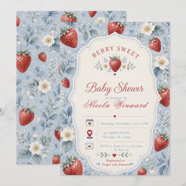 Invitación Dulce Fiesta de Bienvenida para Bebé con Bayas (Anverso / Reverso)