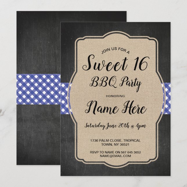 Invitación Dulce fiesta de cumpleaños 16 BBQ Azul Gingham Bur (Anverso / Reverso)
