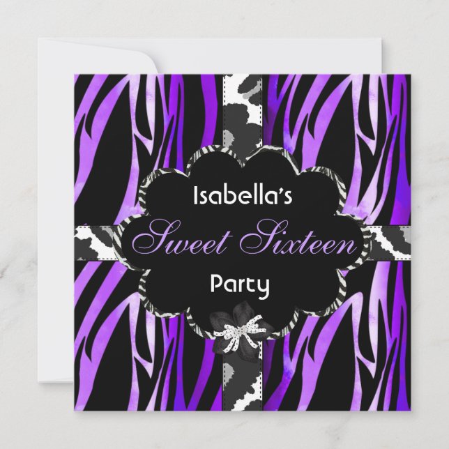 Invitación Dulce fiesta de cumpleaños 16 Cebra blanca morada (Anverso)