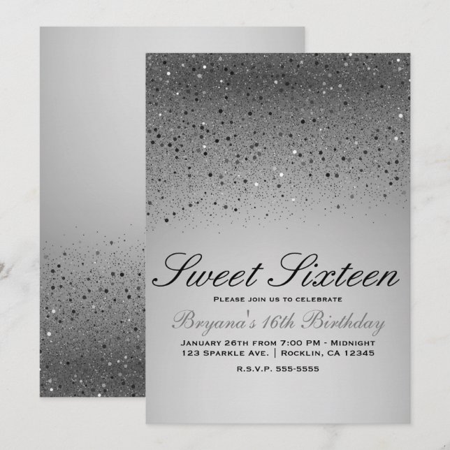 Invitación Dulce Fiesta de Cumpleaños 16 con Brillo Plateado  (Anverso / Reverso)