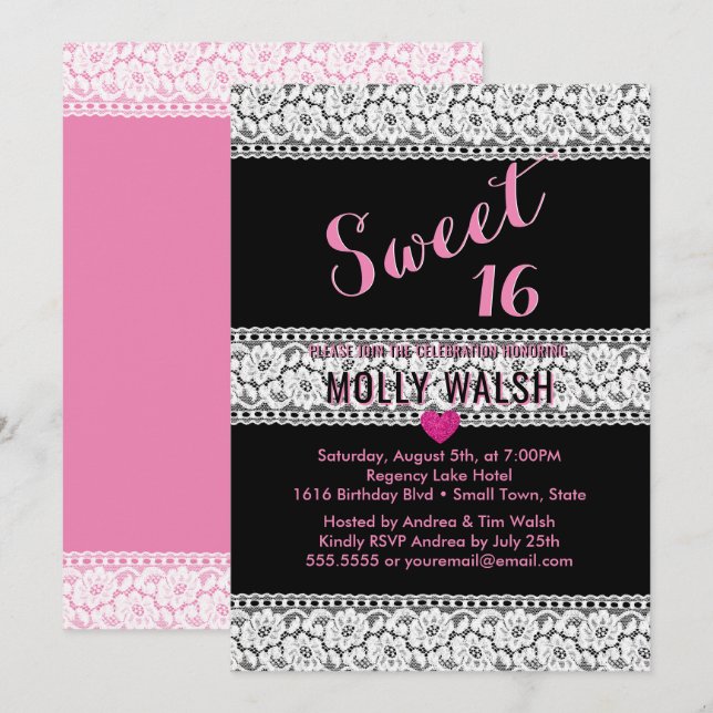 Invitación Dulce fiesta de cumpleaños 16 Corazón rosa negro (Anverso / Reverso)