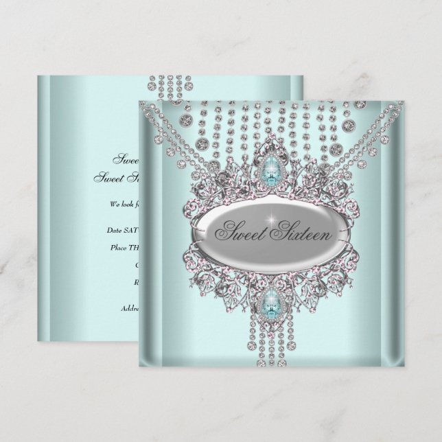 Invitación Dulce fiesta de cumpleaños 16 Diamantes blancos az (Anverso / Reverso)