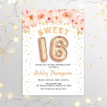 Invitación Dulce fiesta de cumpleaños 16 - Globos de oro flor<br><div class="desc">Dulce invitación a la fiesta de cumpleaños 16. Elegante diseño en falso oro purpurina con acento floral. Invitar tarjeta con el número de oro 16 globos, letra de guión con confeti. Rosa de coral Rubor, blanco. Perfecto para una elegante celebración del 16º cumpleaños. Mándame un mensaje si necesitas edad personalizado....</div>