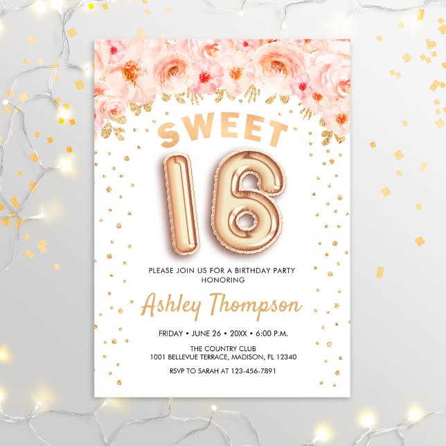 Invitación Dulce fiesta de cumpleaños 16 - Globos de oro flor (Subido por el creador)