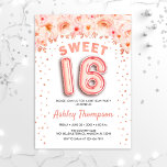 Invitación Dulce fiesta de cumpleaños 16 - Globos de oro Rosa<br><div class="desc">Dulce invitación a la fiesta de cumpleaños 16. Elegante diseño en falso oro rosa purpurina con acento floral. Invitar tarjeta con rosa de oro número 16 globos, letra de guión con confeti. Rosa de coral Rubor, blanco. Perfecto para una elegante celebración del 16º cumpleaños. Mándame un mensaje si necesitas edad...</div>
