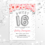 Invitación Dulce fiesta de cumpleaños 16 - Globos de plata ro<br><div class="desc">Dulce invitación a la fiesta de cumpleaños 16. Elegante diseño en una falsa plata purpurina con acento floral. Tarjeta invitada con 16 globos plateados,  fuente de guión con confeti. Rubor rosa y blanco. Perfecto para una elegante celebración del 16º cumpleaños. Mándame un mensaje si necesitas edad personalizado.</div>