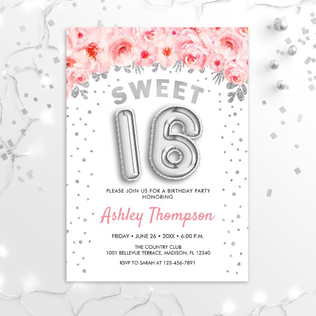 Invitación Dulce fiesta de cumpleaños 16 - Globos de plata ro (Subido por el creador)
