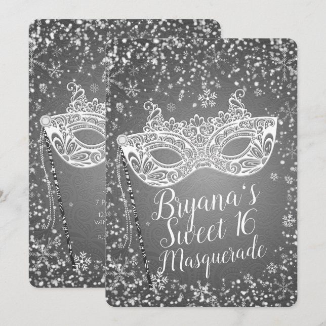 Invitación Dulce Fiesta de Cumpleaños 16 Mascarada Plata de I (Anverso / Reverso)