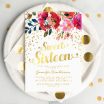 Invitación Dulce fiesta de cumpleaños 16 | Purpurina Floral G<br><div class="desc">Dulces invitaciones para fiestas de 16 años con un fondo blanco clásico,  una pantalla floral acuarela,  un falso purpurina de oro,  un elegante título tipográfico de Relieve metalizado de oro falso y una plantilla moderna de celebración de 16 años.</div>