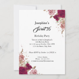Invitación Dulce fiesta de cumpleaños 16 rosas rojas