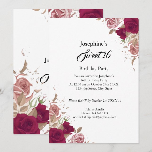 Invitación Dulce fiesta de cumpleaños 16 rosas rojas (Anverso / Reverso)