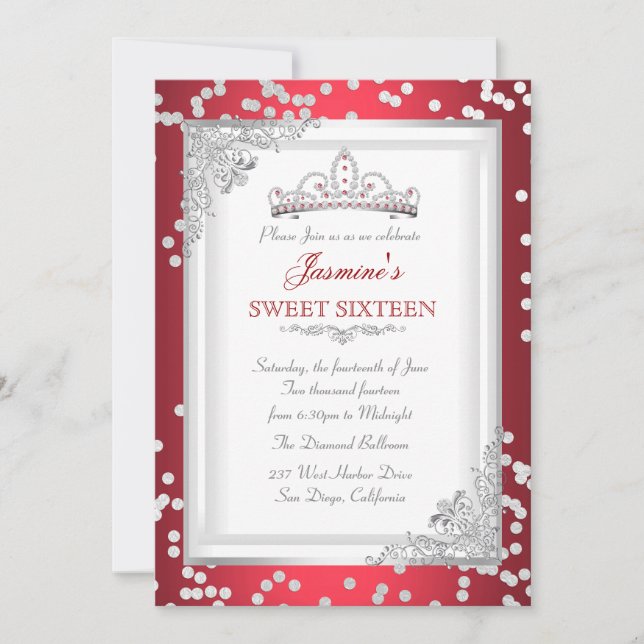 Invitación Dulce fiesta de cumpleaños 16 Tiara blanca de plat (Anverso)