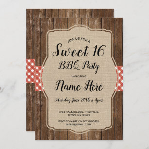 Invitación Dulce fiesta de cumpleaños BBQ Red Gingham Burlap