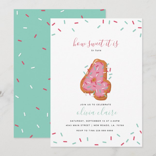 Invitación Dulce fiesta de cumpleaños| Cuatro (Anverso / Reverso)