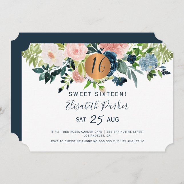 Invitación Dulce fiesta de cumpleaños de 16 acuarelas florale (Anverso / Reverso)