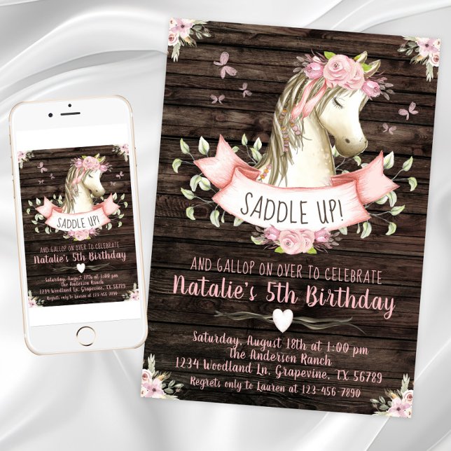 Invitación Dulce fiesta de cumpleaños de caballo (Girl horse birthday party invitation with horse, flowers, butterflies. Digital and print available.)