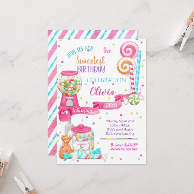Invitación Dulce fiesta de cumpleaños de compras (Anverso/Reverso In Situ)