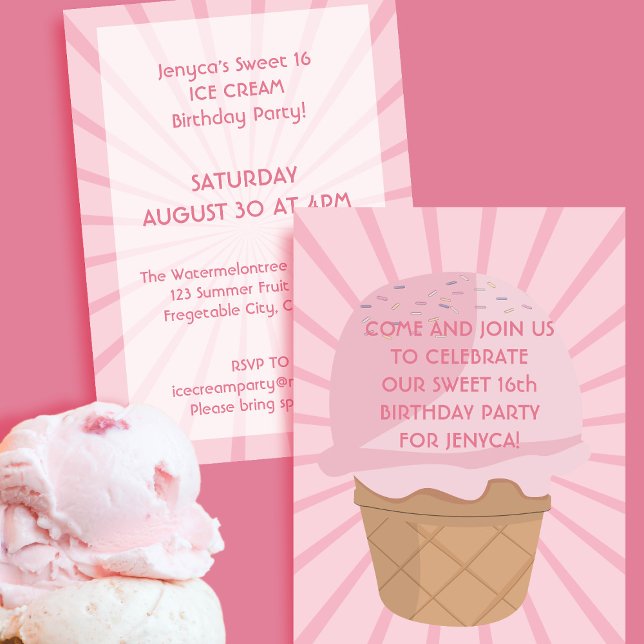 Invitación Dulce fiesta de cumpleaños de Crema de Hielo Rosa  (Sweet like Ice Cream!🍨)