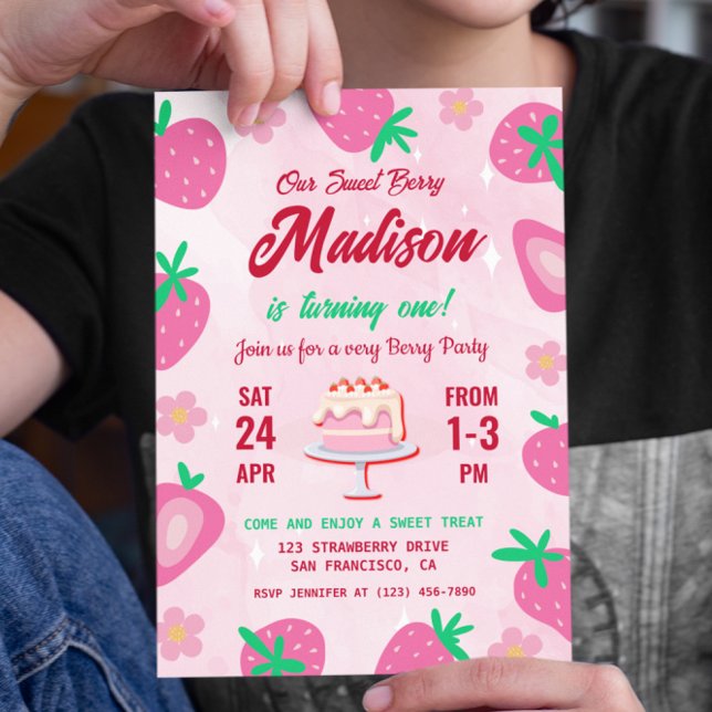 Invitación Dulce fiesta de cumpleaños de fresa de Berry (Strawberry Birthday Party Invitation)