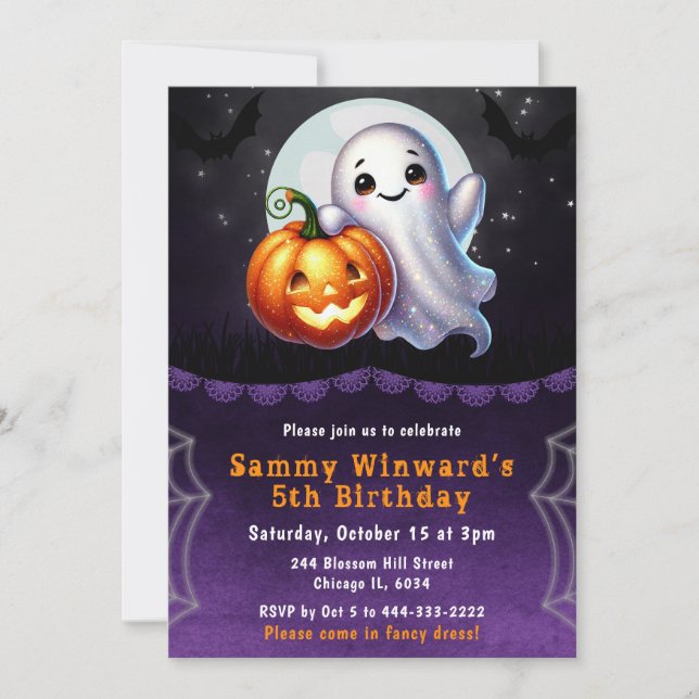 Invitación Dulce fiesta de cumpleaños de Halloween con fantas (Anverso)