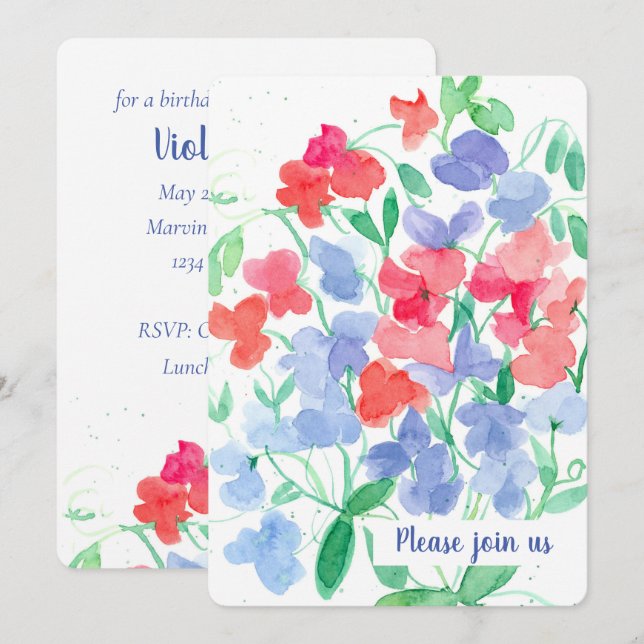 Invitación Dulce Fiesta de Cumpleaños de las Flores de Pea (Anverso / Reverso)