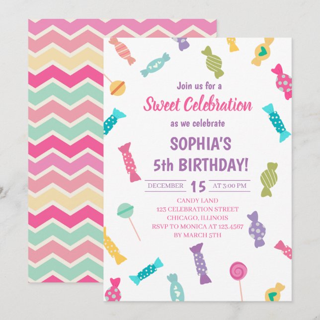 Invitación Dulce fiesta de cumpleaños de los caramelos (Anverso / Reverso)