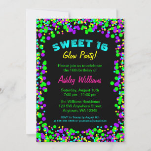 Invitación Dulce fiesta de cumpleaños de Neon Glow Confetti