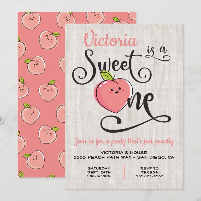Invitación Dulce fiesta de cumpleaños de Peach One (Anverso / Reverso)